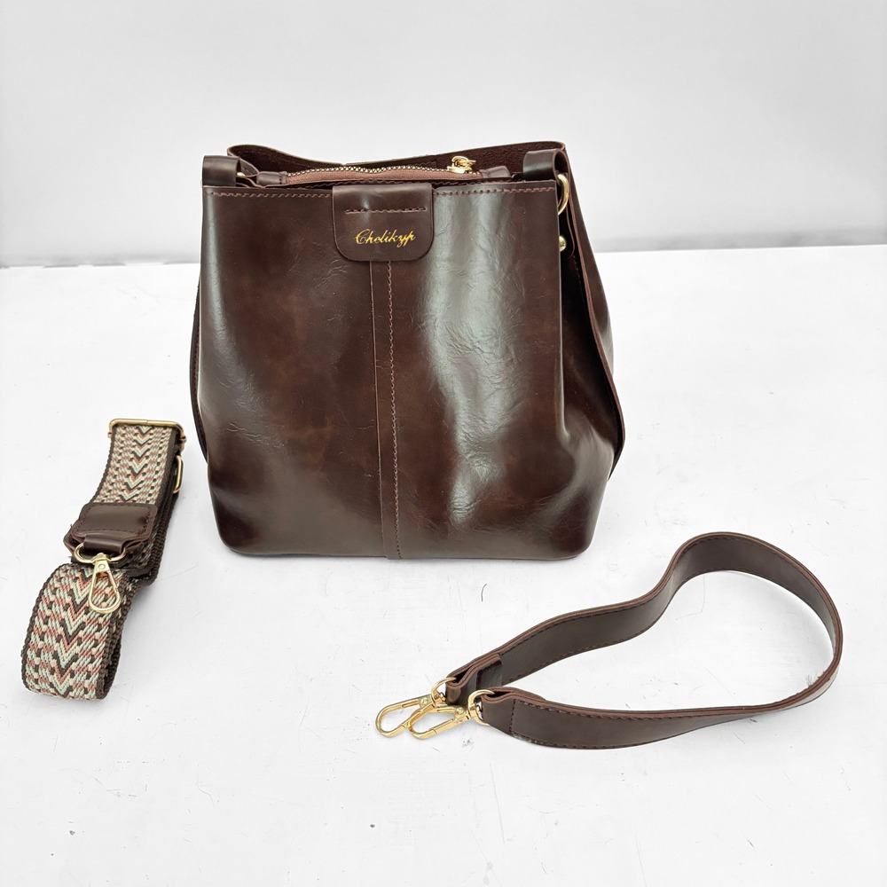 Chelikyp Brown Vegan‎ Leather Bucket Bag Crossbody Boho Patterned Strap